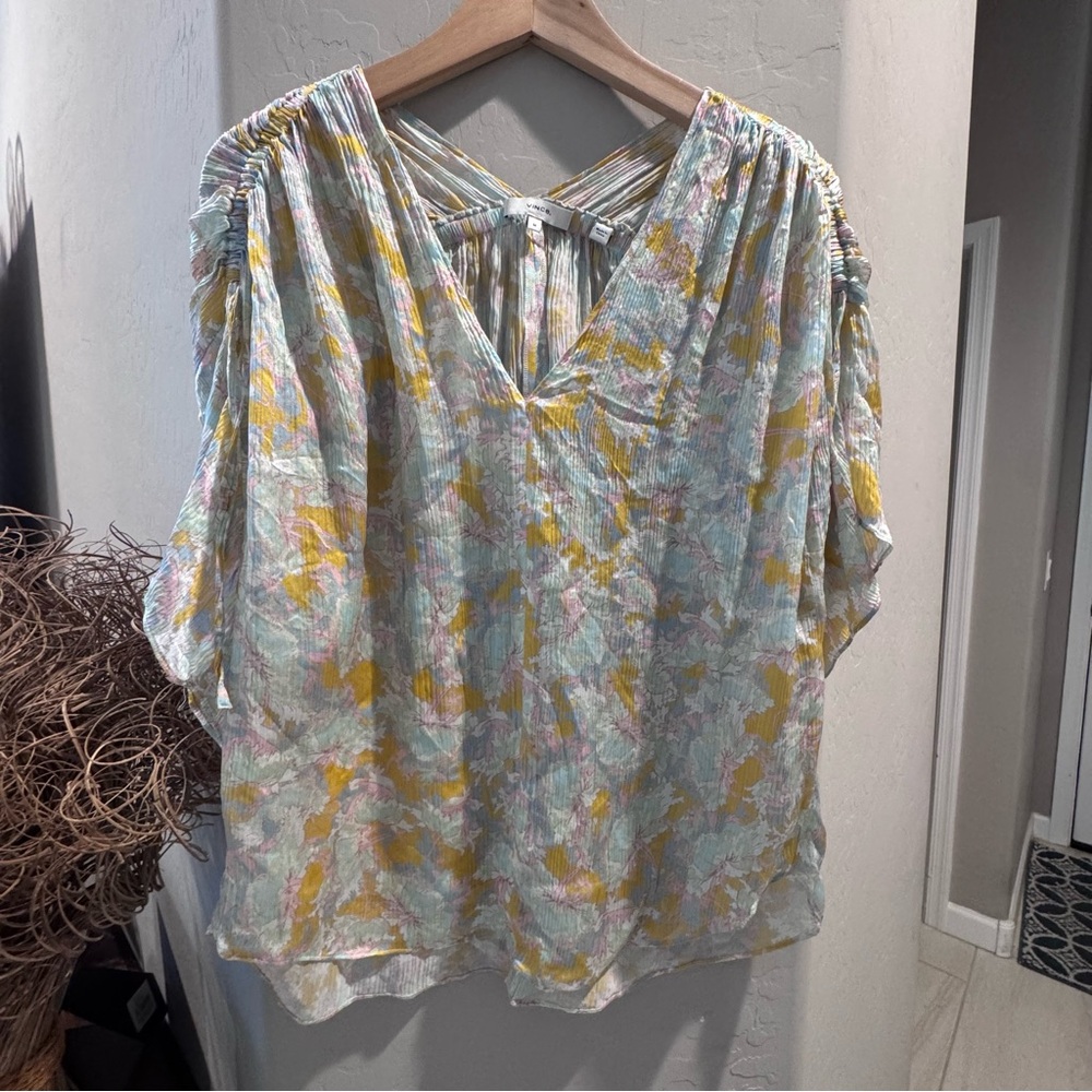 Vince Lotus Ruched Flutter Sleeve Silk Blouse, Size Medium - Picture 3 of 16